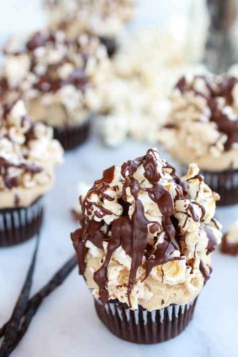 Popcorn Dessert Recipes, Popcorn Desserts, Bean Popcorn, Cupcake Recipes Unique, Popcorn Dessert, Popcorn Chocolate, Vanilla Bean Frosting, Best Chocolate Cupcakes, Half Baked Harvest