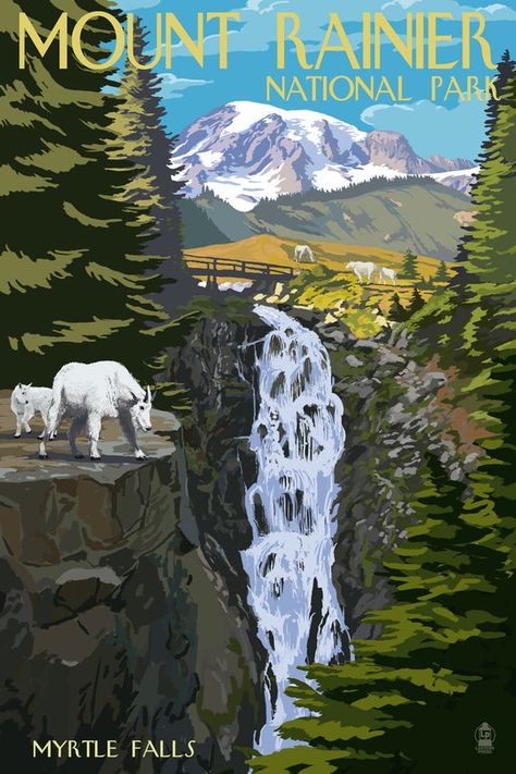 Washington Mountains, Mountain Goats, Glacier National Park Montana, Mount Rainier National Park, Retro Travel Poster, Rainier National Park, Mountain Goat, National Park Posters, Tv Movies