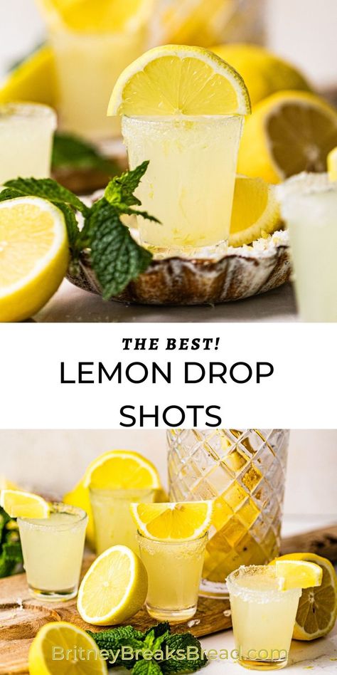 lemon drop shots on a serving board with lemon slices Lemon Shots Alcohol, How To Make Lemon Drop Shots, Lemon Drop Drink Vodka, Vodka Lemon Drop, Good Shots Alcohol Easy, Lemon Vodka Drinks Easy, Lemon Alcohol Drinks, Yellow Shots Alcohol Recipes, Lemon Drop Shots Big Batch