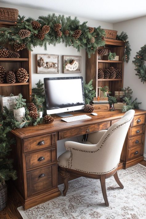 29 Christmas Aesthetic Ideas to Capture the Spirit of the Season 28 Christmas Aesthetic Ideas, Christmas Home Office, Green Family Rooms, Holiday Dining Room, Rustic Office, Rose Gold Christmas, Christmas Look, Outdoors Inside, Cabin Christmas