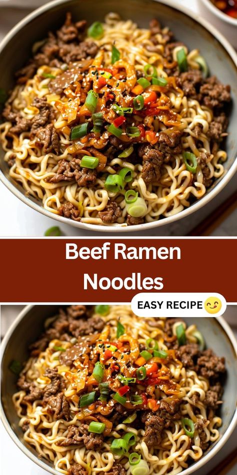 Looking for a quick and delicious dinner? Try this Beef Ramen Noodles recipe! Featuring savory ground beef, creamy peanut butter, and tangy hoisin sauce, this dish is packed with flavor. Ready in just 20 minutes, it combines tender ramen noodles with a spicy kick from sriracha and fresh ginger. Perfect for a busy weeknight, this easy one-pan meal is sure to satisfy. Ramen Beef Noodle Recipes, Beef Ramen Noodle Recipes Easy, Steak Ramen Noodle Recipes, Ground Beef Ramen Noodle Recipes, Beef Ramen Noodle Recipes, Beef Ramen Noodles, Roman Noodles, Ramen Noodles Recipe, Ramen Noodle Recipes Easy