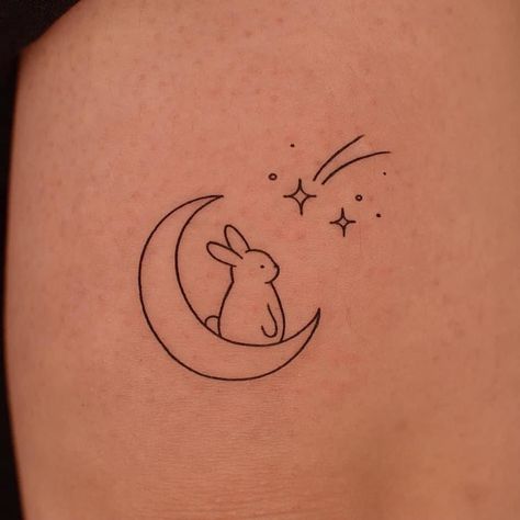 Bunny On Moon Tattoo, Cute Rabbit Tattoo Small, Bunny Simple Tattoo, One Line Bunny Tattoo, Bunny On The Moon Tattoo, Bunny With Angel Wings Tattoo, Bunny Fine Line Tattoo, Bunny And Cat Tattoo, Fine Line Rabbit Tattoo