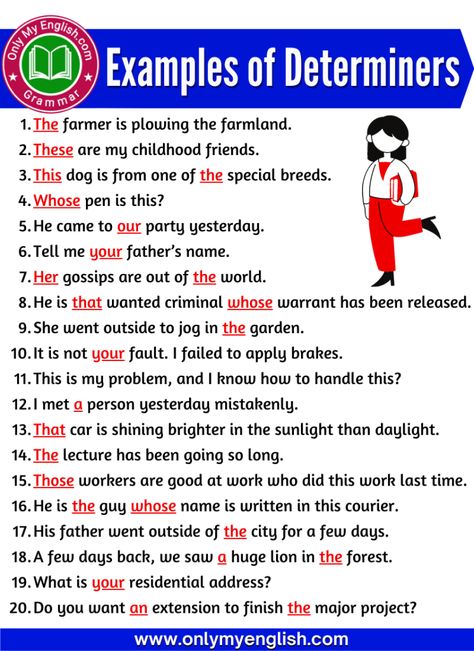 Examples of Determiners in English Grammar Determiners In English Grammar, English Speaking For Kids, Eng Grammar, Pronoun Examples, Basic English Grammar Book, Daily Use Words, Ram Navmi, Basic English Sentences, Flag Drawing