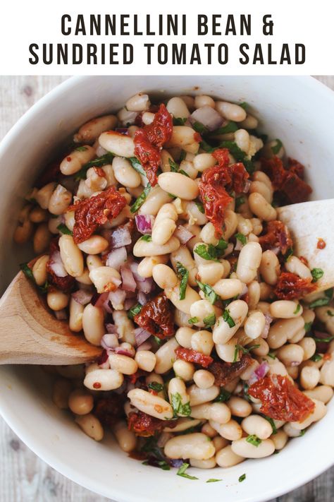 Cannellini Bean & Sundried Tomato Salad {vegan, gluten free} – Gina Burgess Sundried Tomato Salad, Summer Bean Salad, Sundried Tomato Recipes, Cannellini Beans Recipes, Cannellini Bean Salad, Cannellini Bean, Tomato Salad Recipes, Salad Vegan, Sundried Tomato