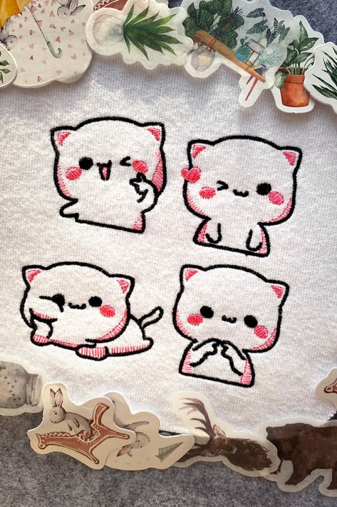 Adorable and super cute embroidery set of four kawaii cats - machine embroidery digital design for instant download. Shinchan Embroidery, Cartoon Hand Embroidery, Chibi Embroidery, Sanrio Embroidery Pattern, Embroidery Designs Cartoon, Embroidery Anime Designs, Anime Embroidery Designs, Kawaii Embroidery, Embroidery Decor