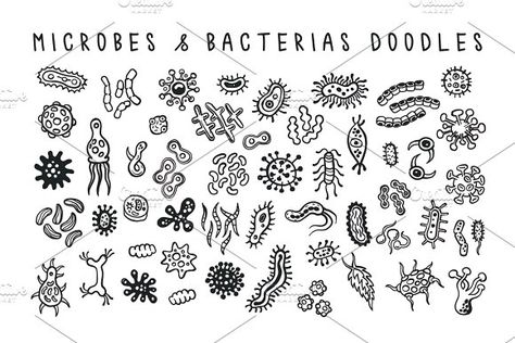 Microbes & Bacterias doodles set by Anastasiia_Dzhioeva on @creativemarket Tattoo Chart, Micro Organisms, Doddle Art, Science Icons, Biology Art, Doodle Art Drawing, Science Themes, Bullet Journal Themes, Journal Themes