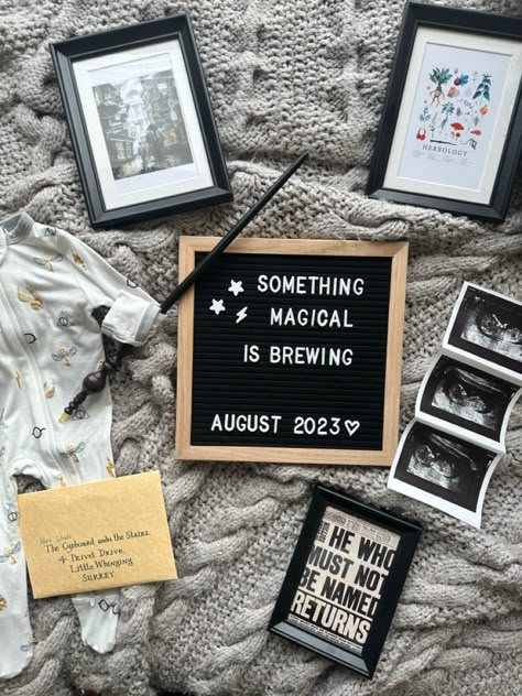 Harry Potter Birth Announcement, Harry Potter Baby Announcement Ideas, Dnd Pregnancy Announcement, Bookish Pregnancy Announcement, Harry Potter Maternity Photoshoot, Book Pregnancy Announcement, Fun Pregnancy Announcement To Family, Baby Shower Ideas Harry Potter, Harry Potter Themed Baby Shower Ideas