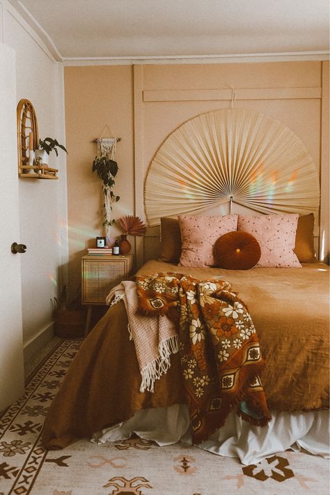 Fan Headboard, Candle Subscription Box, Lots Of Plants, Room On A Budget, Bedroom Orange, Boho Bedroom Decor, Bedroom Headboard, Cute Room Decor, Apartment Inspiration