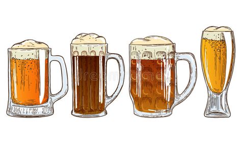 Set of mugs of beer royalty free illustration Beer Bottle Drawing, Beer Drawing, Beer Cartoon, Beer Tattoos, Beer Painting, Beer Illustration, Mug Drawing, Beer Glassware, Bottle Drawing