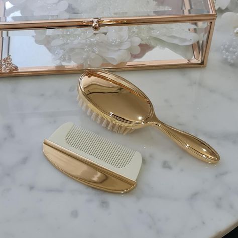 Silver or Gold plated baby hair brush set, which comes in a box. The brush can be personalised on the back with 1-2 initials. This is a baby brush and comb with soft bristles. Please ensure your details are correct before placing the order, as no proof will be sent for this item. Please leave a note at checkout if you would like initials on the set. This baby hair brush set is the perfect gift to pair with our silver or gold comb rattle or trinket box. This is an ideal small gift for the special communion, baptism child or any child for keepsake It comes in 2 colours Silver Gold Let me help you find the perfect gift. Please chat, email us at info@minitreasurekids.com or call us at +61 3 9939 7598 Rush orders are available at checkout. Baby Hair Brush, Brush And Comb, Hair Brush Set, Beauty Salon Interior, Hair Supplies, Beauty Equipment, Gold Hair, Girl Stuff, Baby Hair