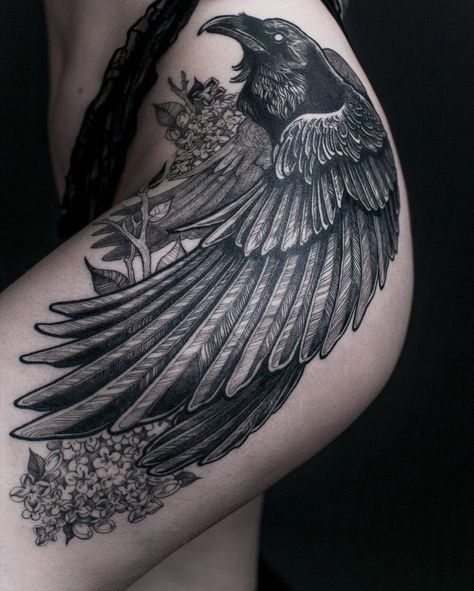 Rabe Tattoo, White Tattoos, Hip Thigh Tattoos, Crow Tattoo, Warrior Tattoos, Hip Tattoos Women, Raven Tattoo, Chest Tattoos For Women, Gothic Tattoo