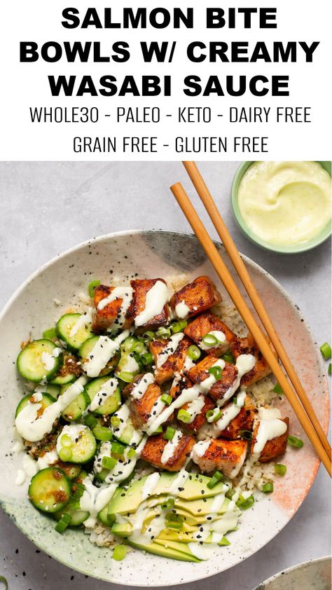 Creamy Wasabi Sauce, Whole 30 Salmon Bowl, Wasabi Sauce Recipe, Wasabi Cream Sauce, Whole 30 Sauces, Wasabi Recipes, Wasabi Sauce, Easy Whole30 Recipes, Salmon Bowls