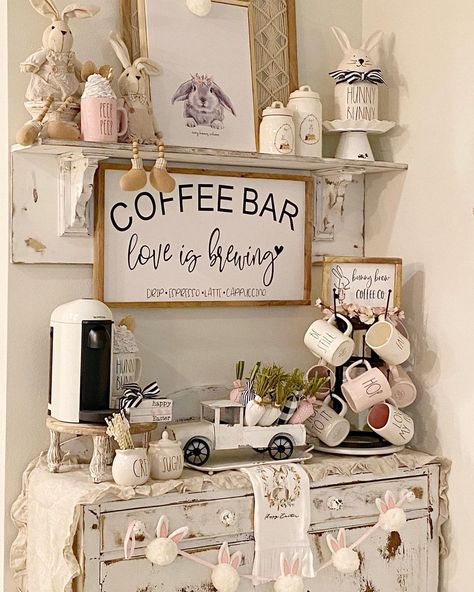 Christy & Bryan on Instagram: “My coffee bar is ready for Spring 🤍 My theme was pink, black and white. My favorite colors. I filled it with all of the things that I love.…” Spring Coffee Bar Ideas, Pink Coffee Bar, Easter Coffee Bar, Spring Coffee Bar, Good Morning And Happy Saturday, Easter Coffee, Coffee Bar Ideas, Tea Station, Coffee Cart