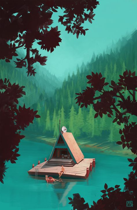 Houseboat, Peter Bartels on ArtStation at https://www.artstation.com/artwork/LgLJK Concept Art Landscape, Boat Illustration, Art Disney, Posca Art, Landscape Concept, Soyut Sanat Tabloları, Pinturas Disney, Landscape Illustration, Art And Illustration