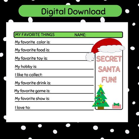 Gift Exchange Paper, Secret Santa Templates, Secret Santa Questionnaire, Printable Christmas, Kids Party Gift, Questionnaire Template, Girl School Supplies, Secret Santa Gift Exchange, After School Club