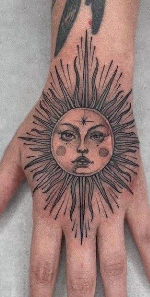 Sun With Third Eye Tattoo, Sun Throat Tattoo, Moon Knee Tattoo, Sun Knee Tattoo, American Traditional Sun Tattoo, Sun Face Tattoo, Traditional Sun Tattoo, Alternative Tattoos, Sigilism Tattoo