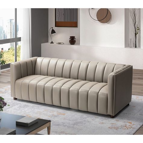 PRICES MAY VARY. CONTEMPORARY CHESTERFIELD SOFA DESIGN: Featuring clean lines, smooth upholstery, and wooden legs, our sofa offers the look, feel, and design of a truly contemporary piece. With a minimalistic yet refined structure, this chesterfield sofa brings out a simplistic style that emphasizes comfort and functionality. Matching perfectly with any decor theme, is a great addition to your living room bedroom or office. MID-CENTURY LEATHER UPHOLSTERED COUCH: Modern Top layer leather couch, c Curved Couch, Living Room Furniture Styles, Genuine Leather Sofa, Floor Sofa, Sofa Frame, Classic Sofa, Leather Couch, Luxurious Fabric, Large Sofa