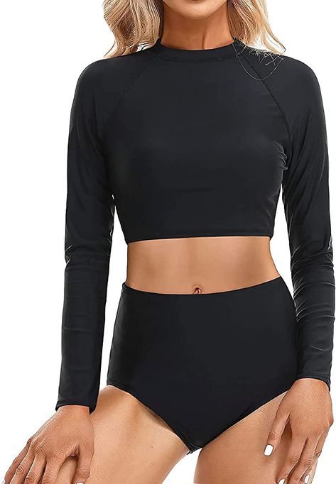 Pinup Fashion Two Piece Rash Guard Long Sleeve Bathing Suits Women Swimsuit Top with High Waist Short Tankini Set UV UPF 50+ Black at Amazon Women’s Clothing store Bathing Suits Women, Pinup Fashion, Long Sleeve Bathing Suit, Long Sleeve Swim Shirt, Tankini With Shorts, High Waisted Tankini, High Waisted Bathing Suits, Black High Waisted Shorts, Women Swimsuit