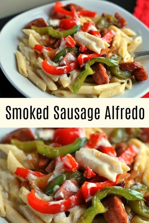 Smoked Sausage Alfredo is smoky, decadent and creamy.  This pasta dish is full of goodness like fresh peppers and onions and Tony Chachere's Creole seasoning gives it just the right amount of heat.  It's on the table in under 30 minutes. Sausage And Peppers Pasta Alfredo, Smoked Sausage Alfredo, Sausage Alfredo, Sausage Penne, Smoked Sausage Pasta, Sausage Peppers And Onions, Yummy Pasta, Pasta Meals, Easy Pasta Dinner