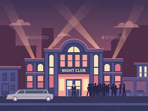 Building Night Club with Queue at the Entrance Entertaining House, Nightclub Design, Diy Tv Stand, Building Illustration, Flat Vector Illustration, Good Day Song, Black Christmas Trees, 캐릭터 드로잉, Strip Club