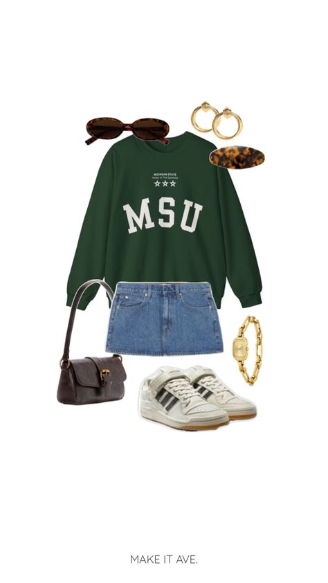 MSU outfit with our green msu crewneck, also available in other colors Michigan State Outfit, Fall Gameday Outfit College, Msu Outfit, College Gameday Outfits, Gameday Outfits, College Fits, Gameday Outfit, Gaming Clothes, Michigan State