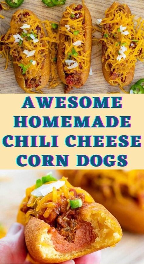 Chili Corndogs, Chili Cheese Corn Dogs On A Stick, Chilli Cheese Corn Dogs, Corn Dog Chili Dogs, Chili Corn Dogs, Chili Cheese Corn Dogs, Cheese Corn Dogs, Cheese Corn Dog, Chili Cheese Fries Recipe