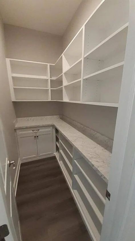 Walkin Pantry Ideas, Walk In Pantry Dimensions, Pantry Storage Organization, L Shaped Pantry, Organic Pantry, Pantry Dimensions, Narrow Pantry, Pantry Renovation, Pantry Closet Design