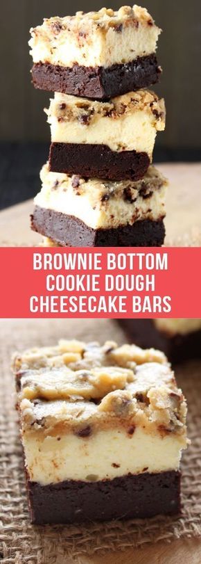 Outrageous Brownie Bottom Cookie Dough Cheesecake Bars have a layer of fudgy brownie, cheesecake filling, and a chocolate chip cookie dough topping. #brownie #cheesecake #cookie #chocolatechipcookie #dessert #dessertrecipes #recipe Cookie Dough Cheesecake Bars, Biscotti Cheesecake, Cheesecake Cookie, Cookie Dough Cheesecake, Cheesecake Oreo, Cheesecake Brownie, Brownie Cheesecake, Cheesecake Mini, Fudgy Brownie