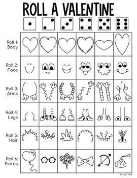 Roll A Valentine Dice Game, Roll To Draw, Roll A Drawing Game, How To Draw Valentines, Roll A Drawing, Roll A Character, Roll A Dice Drawing Games, Valentine Character, Roll And Draw