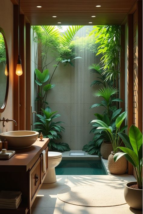 Luxurious tropical bathroom featuring natural materials and greenery Villa Bathroom Ideas, Modern Tropical Bathroom, Tropical Bathroom Design, Tropical Bathroom Ideas, Hawaii Bathroom, Outdoor Canopy Bed, Villa Bathroom, Bathroom Materials, Indoor Outdoor Bathroom