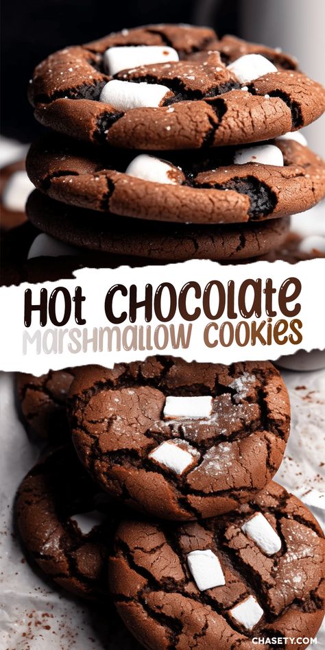 Hot Chocolate Marshmallow Cookies [27 Minutes] - Chasety Festive Baked Goods, Hot Cocoa Marshmallow Cookies, Hot Choc Cookies, Fun Hot Chocolate Recipes, Hot Chocolate Baking Recipes, Things To Make With Mini Marshmallows, Things To Bake Chocolate, Stuff To Make With Marshmallows, Toasted Marshmallow Cookies