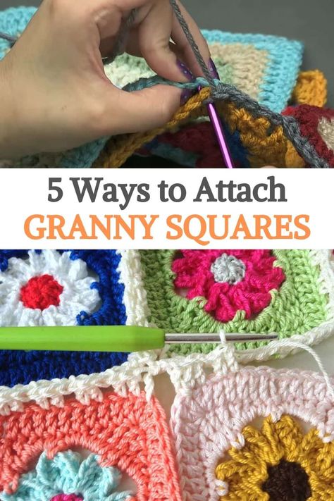 Connecting Granny Squares Easy, Ways To Connect Granny Squares, How To Connect Granny Squares Crochet, How To Connect Crochet Squares, Attaching Granny Squares Together, Attach Granny Squares Together, How To Attach Granny Squares Together, How To Connect Granny Squares, Attaching Granny Squares