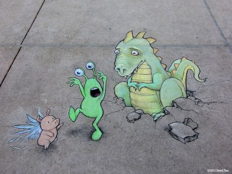 here_be_dragons_by_david_zinn                                                                                                                                                                                 More Paint Sidewalk, Street Chalk Art, David Zinn, Chalk Artist, Pavement Art, 3d Chalk Art, Side Walk, Street Art Utopia, Sidewalk Chalk Art