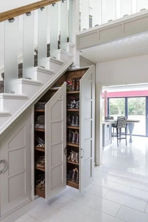 shoe storage with large drawers and an additional cabinet built into the staircase is a lovely idea Drawers Under Stairs, Stairs Shoe Storage, Under Stairs Shoe Storage, Staircase Storage Ideas, Shoe Storage Under Stairs, Cabinet Under Stairs, Stairs And Hallway Ideas, Hallway Shoe Storage, Shoes Cabinet