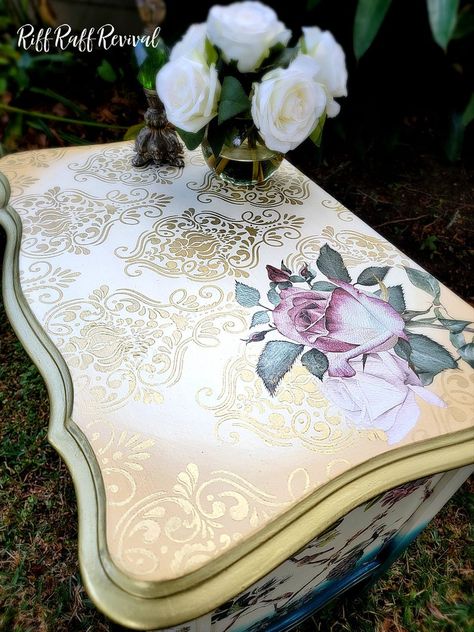 SOLD do Not Purchase - Etsy Colors To Brighten A Room, French Provincial Side Table, Decoupage Dresser, Decoupage Table, Gilded Furniture, Paint Couture, Revamp Furniture, Custom Painted Furniture, Provincial Furniture