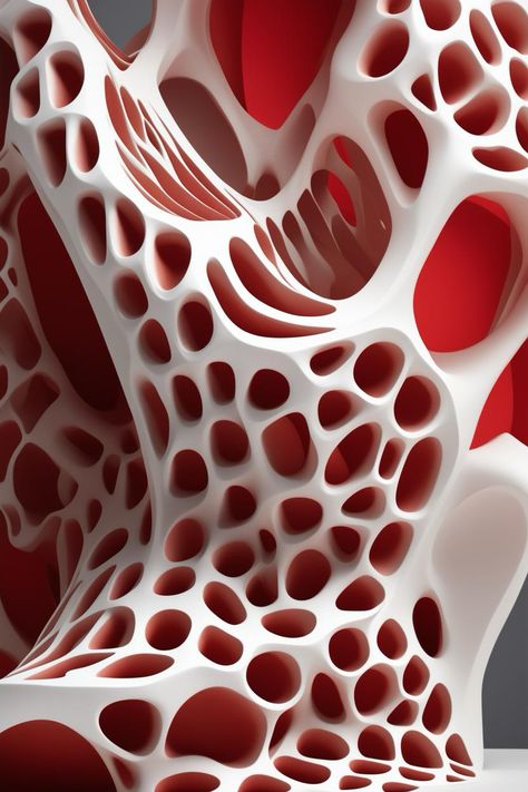 A three-dimensional digital sculpture that combines organic forms with geometric patterns. The sculpture should be characterized by intricate honeycomb-like patterns that create an organic form, resembling a figure in motion. A striking feature should be a flowing element, like red hair, at the top of the structure, providing a vivid contrast to the neutral tones of the rest of the piece. The base should be simple and dark to highlight the complexity and color of the sculpture. The overall image should blend natural shapes and precise geometry, creating an aesthetically pleasing and thought-provoking piece of art.  https://apps.apple.com/us/app/genzart-ai-art-generator/id1669915100 Figure In Motion, Sculpture Inspiration, Digital Sculpture, Parametric Design, Organic Forms, Be Simple, Art Generator, Organic Form, Natural Shapes