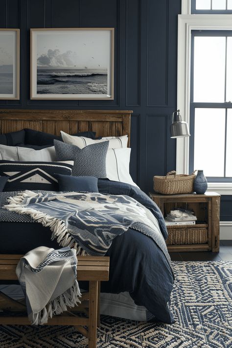 moody coastal bedroom Navy Blue Bedroom Farmhouse, Dark Blue Master Bed, Dark Navy Walls Bedroom, Navy Blue Moody Bedroom, Dark Costal Bedroom, Moody Beach Bedroom, Sherwin Williams Naval Bedroom, Masculine Coastal Bedroom, Dark Navy Blue Bedroom