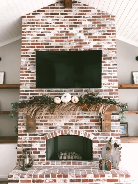 Chevron Brick Fireplace, Joanna Gaines Brick Fireplace, Old Chicago Brick Fireplace, Two Story Brick Fireplace, Brick Veneer Fireplace, Arched Brick Fireplace, Tall Brick Fireplace, Brick Fireplace Design, Pellet Stove Ideas Living Rooms