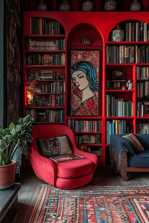 red modern bookshelf Maroon Bookshelf, Wall Bed Office, Small Home Library Ideas, Italian Villa Interior, Red Bookcase, Red Bookshelf, Small Home Library, Low Bookshelves, Narrow Bookshelf