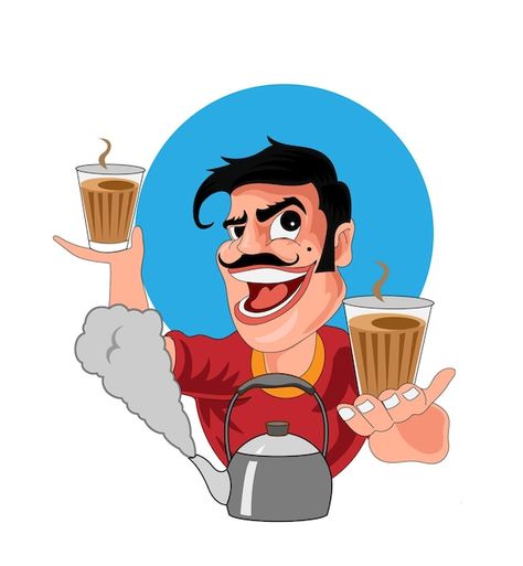 Cartoon man holding a glass of tea and a cup of tea Chai wala Tea Vector Illustrations, Chai Cartoon, Chai Illustration, Chai Logo, Chai Art, Chai Shop, Chai Wala, Tea Cartoon, Tata Tea