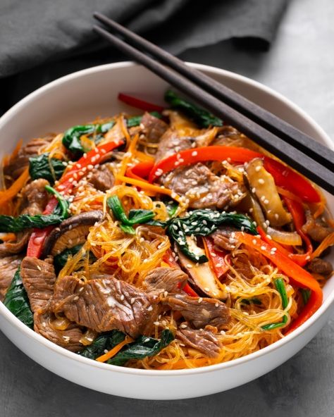 Korean Jap Chae Noodles – Marion's Kitchen Jap Chae Recipe, Cantonese Beef, Korean Japchae, Jap Chae, Japchae Noodles, Japchae Recipe, Korean Sweet Potato Noodles, Marions Kitchen, Chow Fun