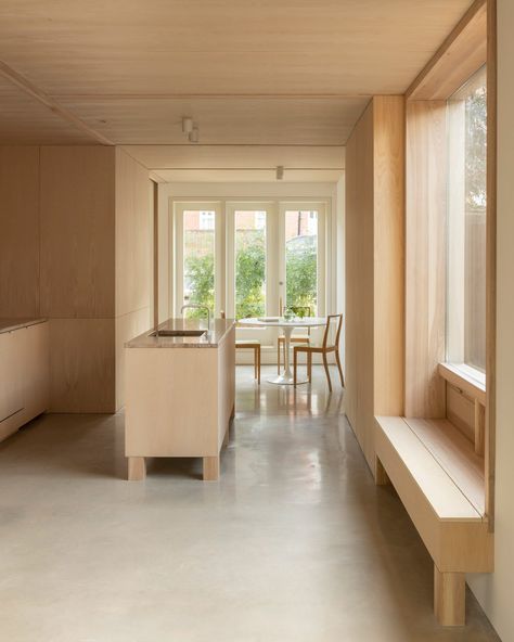 Grove Park is a wood-lined house by O'Sullivan Skoufoglou Architects Timber Panel Ceiling, Internal Window, Timber Panelling, Red Brick House, Comfy Seating, House Extension, Timber Structure, Minimal Home, Space Ideas