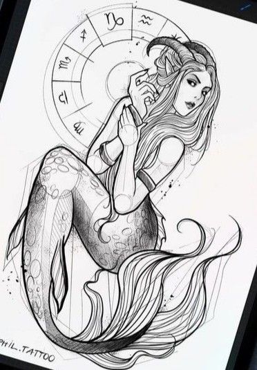 Capricorn Mermaid Tattoo, Capricorn Sign Tattoo, Tattoos For Women Cat, Wrist Tattoo Ideas, Wrist Tattoo Designs, Capricorn Art, Surreal Tattoo, Capricorn Tattoo, Goddess Tattoo