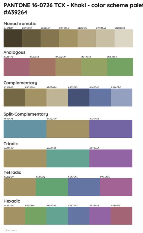 PANTONE 16-0726 TCX - Khaki color palettes and color scheme combinations Khaki Color Combination, Khaki Color Palette, Draw A Hexagon, Pantone Color Guide, Color Generator, Analogous Color Scheme, Rgb Color Codes, Split Complementary Colors, Rgb Color Wheel