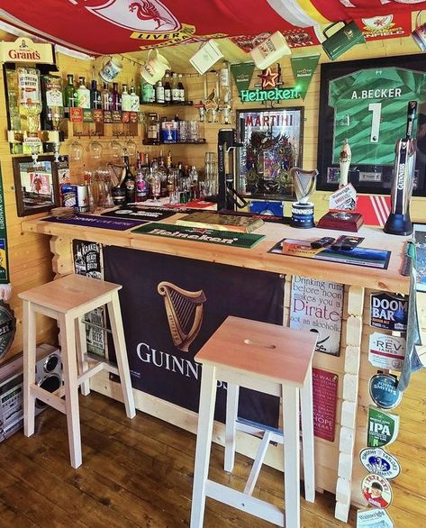 Man Cave, Home Bar, Pub Sheds UK. | Idlers Cabin. Only been up 10 months but really happy with the progress I've made | Facebook Irish Pub Man Cave, Home Irish Pub Ideas, Man Shed Interior Ideas, Grill Shack, Garage Bars, Home Pub Ideas, Mancave Bar, Pub Ideas, Pub Shed