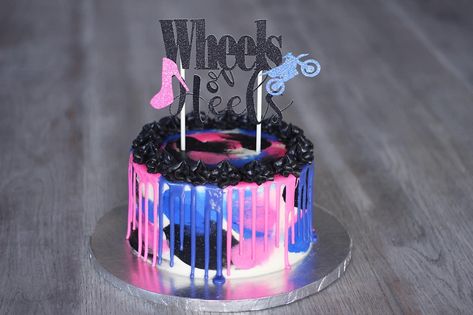 Wheels or Heels Cake 2020 Wheels Or Heels Gender Reveal Cake, Heels Cake, Wheels Or Heels Gender Reveal, Wheel Cake, Gender Reveal Decorations, Gender Reveal Cake, Custom Cakes, Cake Ideas, Gender Reveal