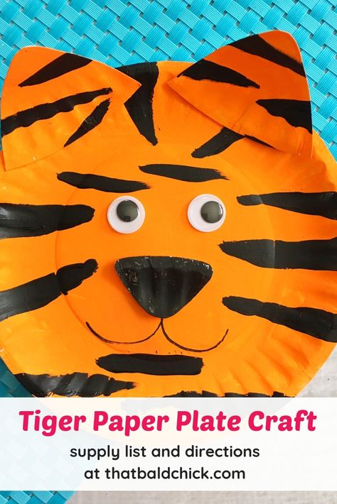 Make this tiger paper plate craft - supply list and directions at thatbaldchick.com #craft #homeschool #animalcrafts #kids #tiger #paperplatecraft via @thatbaldchick Tiger Art Preschool, Tiger Crafts For Kids, Jungle Animal Crafts, Paper Plate Art, Zoo Crafts, Zoo Animal Crafts, Paper Plate Animals, Chinese New Year Crafts For Kids, Paper Plate Craft