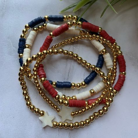 Personalizable - Bracelet Can Be Customized To Say Anything You Wish Show Your Patriotism With This Gorgeous Stars & Stripes Bracelet Stack. Made With 18k Gold Filled Beads. You Will Receive 2 Star Bracelets, One With 3mm Beads And The Other With 4mm Gold Beads. You Will Also Receive 3 Heishi Bead Bracelets With 18kt Gold Filled Accent Beads In Red, White And Blue. These Are So Beautiful You Will Wear Them All Year Long. They Are A Perfect Addition To Any Wardrobe Whether You Wear Them Individua 4th Of July Bracelets, Fall Bracelets, Star Bracelets, Heishi Jewelry, Patriotic Bracelet, Charm Bracelet Watch, Multi Chain Bracelet, Fall Bead, Autumn Bracelet