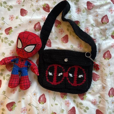 black and red crochet deadpool messenger bag!! has... - Depop Crochet Deadpool, Black And Red Crochet, Crochet Phone Cover, Red Crochet, Crochet Clothes, Royal Mail, Deadpool, Crochet Projects, Messenger Bag