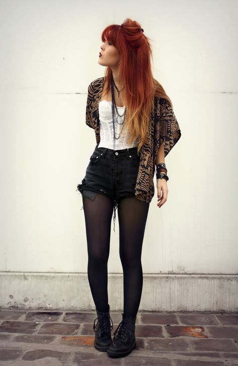 Grunge. Black Boots. Tights. Black Shorts. Cardigan. White Halter Top. Ombre Hair. Pretty. Cute. Outfit. Shorts And Tights, Look Grunge, Vintage Levi Shorts, Goth Outfit, White Halter Top, Neue Outfits, Shorts With Tights, Edgy Outfits, Fashion Mode